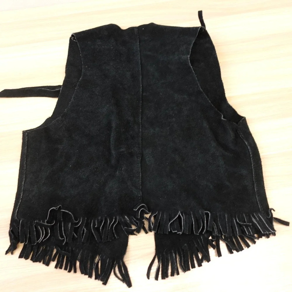 Vintage Cowboy‎ Vest Chaps Set Boys M Black Suede Studded Fringe Halloween USA